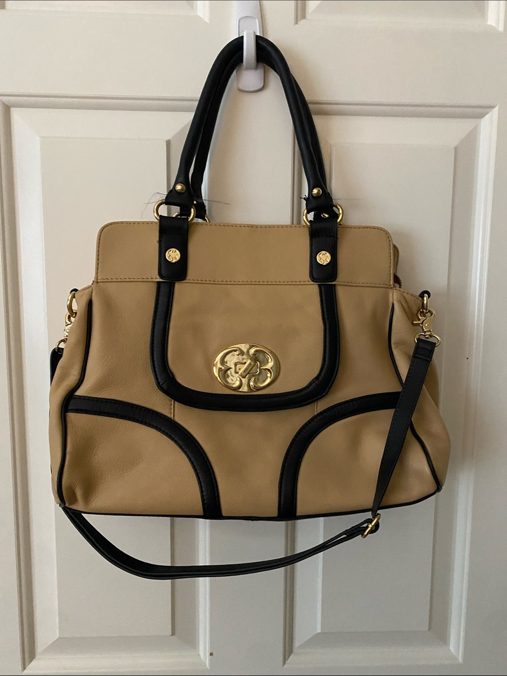 Emma Fox Tan and Black Satchel with Gold Emblem